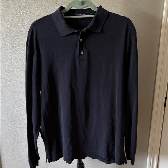 Lands’ End Long Sleeve Polo Shirt Navy Blue Cotton - Size L 42-44 Classic Fit - Picture 2 of 5
